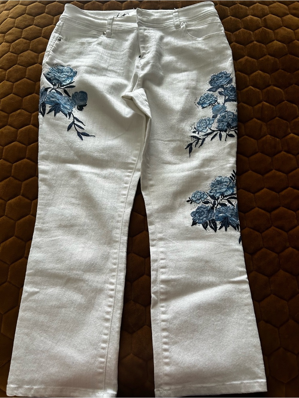 INC White Crop Jeans with Blue Floral Embroidery